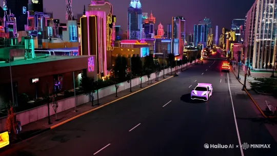 镜头一开始俯拍赛博朋克风格的城市夜景，一位蓝色短发身穿机甲的未来机器人女孩走在在霓虹灯闪烁的马路上，她的机甲闪烁着银色的冷光和霓虹灯的反光，周围全是超级跑车，镜头开始缓缓下降，围绕着她盘旋，随着视角的变化，她抬起一只手伸出一根手指放在嘴边，镜头持续旋转，从侧面划过，逐渐拉近，捕捉到她坚定的侧脸，她微张嘴再说话，随着镜头到她的正面，画面变得更加紧凑，焦点逐渐集中到她的脸上，此时，背景中城市已经模糊成一片彩色光圈，镜头最终停在她的正脸特写上，聚集在她锐利的眼睛上，霓虹灯在她的脸上，勾勒出脸上的细节。 by Hailuo AI Video Generator