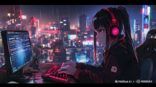 女孩在打字，屏幕文字滚动 by Hailuo AI Video Generator
