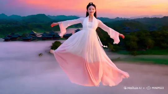 清晨或黄昏时分，天空呈现出柔和的渐变色，橙红、淡紫与浅蓝交织，云朵如轻纱般漂浮。
一片宁静的古代山水之间，有青山绿水、翠竹幽径，远处的亭台楼阁隐约可见。
​她身穿一袭淡雅的白色或淡粉色古装长裙，裙摆随风轻扬，衣袂飘飘。她的长发如丝般顺滑，随风舞动，面容清丽脱俗，眼神中透露出一种宁静与自由。
​她轻盈地飞翔在天空，双臂微微张开，仿佛在拥抱整个世界。她的动作优雅而自然，仿佛与天空融为一体。
​她时而轻盈地滑翔，时而快速地穿梭在云层之间。她的动作流畅而优雅，仿佛在跳一支空中芭蕾。
​她偶尔会伸出手，轻轻触碰身旁的云朵，或者低头俯瞰下方的山水，脸上露出恬静的微笑。 by Hailuo AI Video Generator