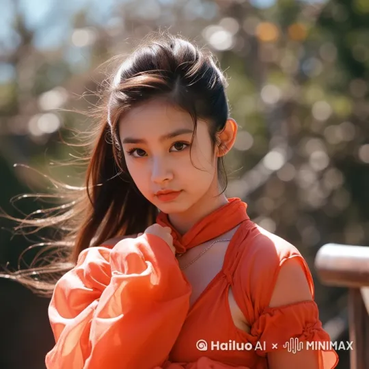 女孩抬起头看向镜头，风轻轻吹动女孩的头发和衣服，镜头从下往上缓缓平移 by Hailuo AI Video Generator