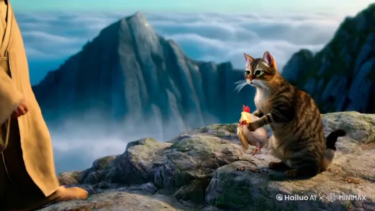 一只狸花猫在高山上拜了一位白发老道士为师，只见他嘴里叼着一只鸡，跪拜于地，白发老道士走近狸花猫扶起来 by Hailuo AI Video Generator