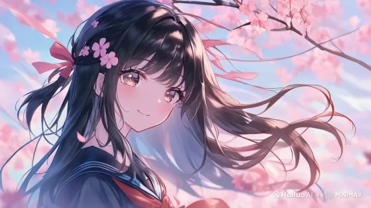 头发和樱花随风舞动，眨眼 by Hailuo AI Video Generator