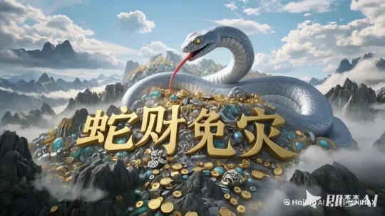 镜头拉近，银蛇巨蟒缓缓蠕动，舌头抖动，身下的金山银山随之坍塌，3D渲染，超写实，4K高画质，电影质感 by Hailuo AI Video Generator