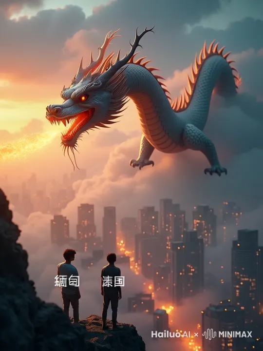 龙舞动自己的身体和四只爪子。口喷火焰。脑袋左摇右摆！面前的两个人双手抱头 by Hailuo AI Video Generator