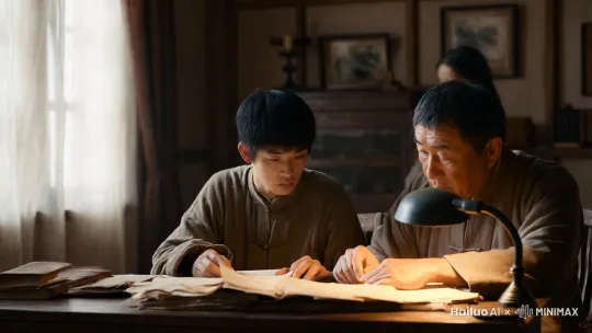 李明（少年，15歲）正在幫助父親李善人（40歲）整理賬目。此時，李明的姐姐李婉兒（Li Wan'er，18歲）走進屋來，手裡拿著一本賬冊，神情有些憂慮。 by Hailuo AI Video Generator