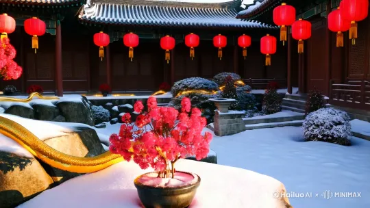 晨曦微露，古色古香的庭院全貌映入眼帘，错落有致的屋檐下挂着大红灯笼，积雪在阳光映照下闪闪发光，假山上金色 “蛇” 形灯带蜿蜒盘旋，庭院中布置着几盆盛开的红梅，花瓣上落着点点积雪。 by Hailuo AI Video Generator