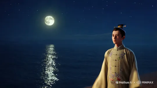 一位古装少年，月夜站在海边望向远方，微风轻抚，衣袂飘飘，月明星稀。 by Hailuo AI Video Generator