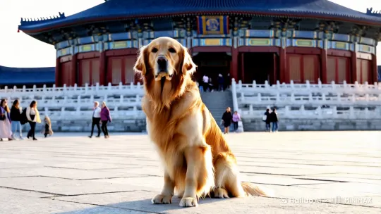 一个大金毛犬站在北京天坛前的广场上。周边和远处都是游人人来人往的。  by Hailuo AI Video Generator