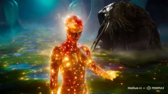 七级创世级文明的化身——一个浑身闪烁着宇宙星辰光芒的人形存在与克苏鲁神话的至高之神阿萨托斯——一个不断翻滚沸腾的巨大黑暗团块进行战斗。结果，化身仅仅只是一拳捶在了阿萨托斯身上就把阿萨托斯给消灭了 by Hailuo AI Video Generator