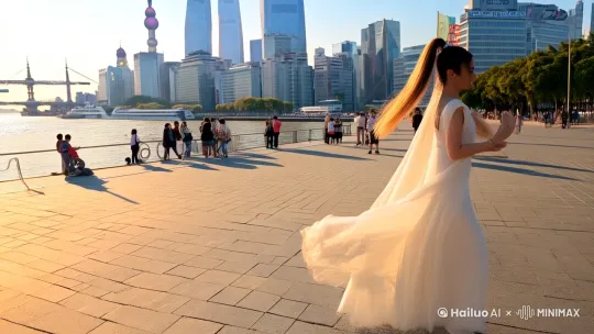 镜头从上海外滩广场的全景缓缓推进，天空湛蓝，阳光洒在外滩的建筑群上，映照出金色的轮廓，黄浦江在镜头一侧静静流淌，江面上有几艘轮船缓缓驶过，汽笛声隐约传来，为画面增添了几分生动。广场上人来人往，游客们或驻足拍照，或闲庭信步，一片热闹而和谐的景象。接着镜头聚焦到广场中央，一位女孩站在那里，她穿着一条轻盈的白色长裙，裙摆随着微风轻轻摆动，长发被扎成高高的马尾，脸上洋溢着自信而灿烂的笑容。阳光洒在她身上，仿佛为她镀上了一层金色的光环。她开始随着音乐起舞，动作优雅而灵动，手指在空中划出优美的弧线，每一个动作都充满了韵律感，仿佛在用舞蹈与周围的环境对话。镜头切换到女孩的特写，她的眼神专注而坚定，嘴角微微上扬，沉浸在自己的舞蹈世界中。随着音乐的渐渐落幕，女孩也缓缓停下舞步，向周围的人们鞠躬致谢，广场上爆发出热烈的掌声，为这场精彩的舞蹈表演画上了一个完美的句号。配乐选择一首节奏明快、旋律优美的现代舞曲，如《Shape of You》（艾德·希兰）的轻快版，让音乐与女孩的舞蹈相得益彰，营造出欢快、活力四射的氛围 by Hailuo AI Video Generator