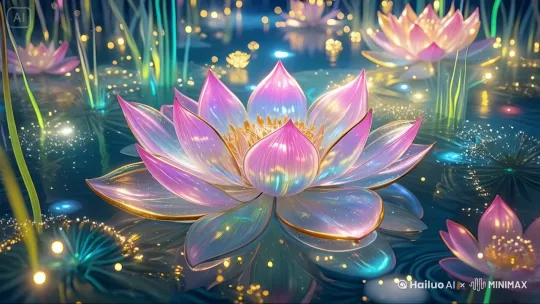 莲花绽放，光芒闪动，缓慢流动，镜头不动 by Hailuo AI Video Generator