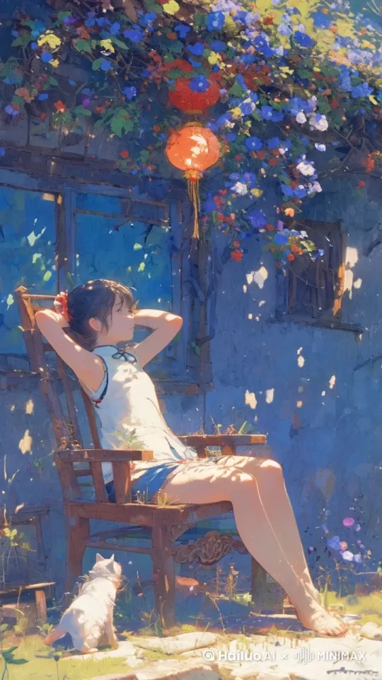 女孩悠闲地晒太阳，一条腿轻轻晃动着，头发随风微风轻轻摆动，小猫看着女孩，摇动着尾巴，阳光明媚，照在墙上和和女孩身上的光斑也随着微风慢慢地闪动着，星星点点的，红色灯笼也随风轻轻摆动着，一切很安祥宁静的感觉，很唯美很治愈，高精度，细节丰富 by Hailuo AI Video Generator