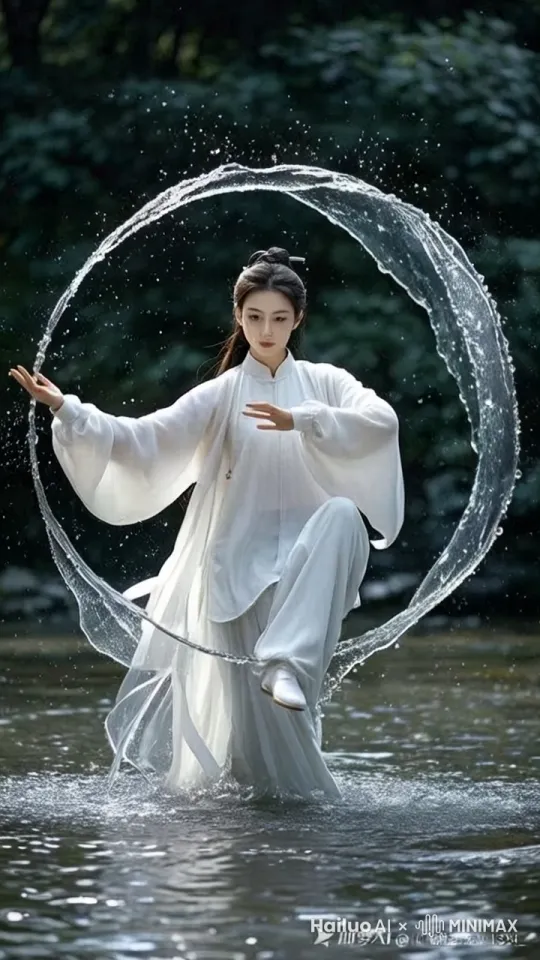 一个充满活力的国产仙侠剧场景，一位身着国风传统白色武术袍的女人正在做出太极武术的姿势。正面照，其被一圈飞溅的水珠组成的圆环环绕，她站在一片水汪汪的水潭环境当中，营造出一种空灵且强大的氛围。飘动的长袍和水的流动突出了动作的流畅性与优雅感，具有张艺谋导演电影的风格 by Hailuo AI Video Generator
