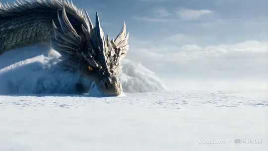 在一片银装素裹的雪地上，一条巨大的恶龙横卧其间。正面镜头捕捉到恶龙起身，抖落身上厚厚的积雪。恶龙的鳞片在阳光下闪烁着冰冷的光泽，与周围的雪景形成鲜明对比。侧面镜头缓缓推进，捕捉到恶龙低下头的瞬间，它那双巨大的眼睛凝视着前方一个惊恐万分的农夫。CG动画风格 by Hailuo AI Video Generator