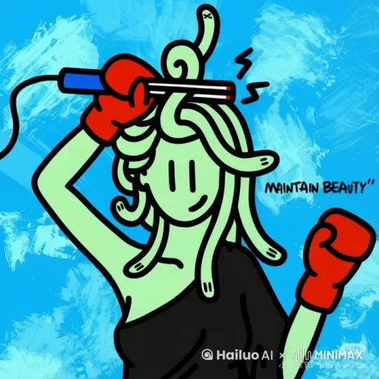 卡通动画，一个头发都是蛇的女人在用烫发棒夹头发，夹起一只蛇 by Hailuo AI Video Generator