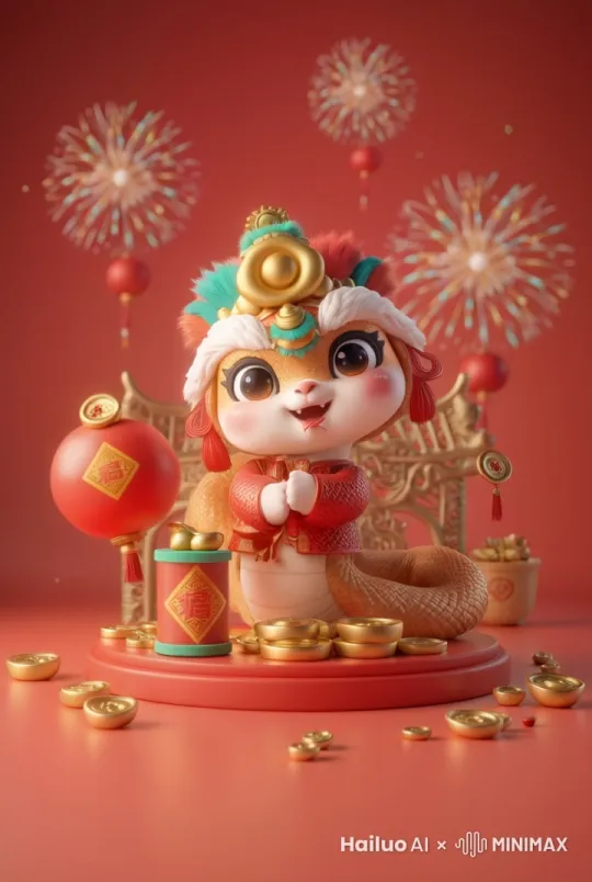烟花绽放，金币，红包掉落，拜年手势 by Hailuo AI Video Generator