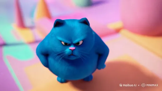 一只蓝色的肥猫站立，愤怒，指指点点 by Hailuo AI Video Generator
