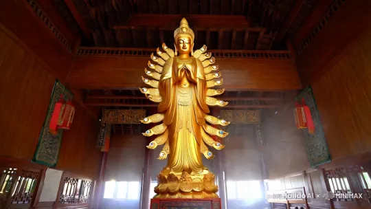 在一个寺庙的大殿内，有一面墙上有一尊千手千眼观世音菩萨的木质雕像，菩萨面容慈祥端站在中间，在他的周围围满了各种姿势的手，每个手中都有一个眼睛，整体和谐且令人升起震撼和崇敬之情，雕像偏偏有些年代感，整体底色被漆成了仿佛黄金一般的金漆，镜头非常缓慢的水平环绕着雕像，朝阳的阳光洒落在雕像上缓缓移动，房间内轻微有些烟雾，画面高清写实风格，有种大师电影镜头的风格 by Hailuo AI Video Generator
