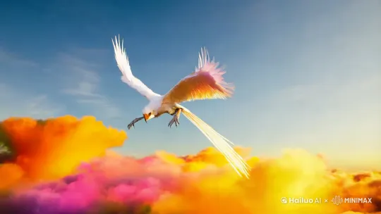 五彩云霞，一只长尾巴白色的凤凰飞舞在天上，高清晰摄影广角拍摄 by Hailuo AI Video Generator