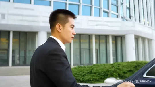 镜头真实动态捕捉,人物身穿黑色高档西装,打开奔驰高端商务车的车门,然后坐进去,真实感,极致美感 by Hailuo AI Video Generator