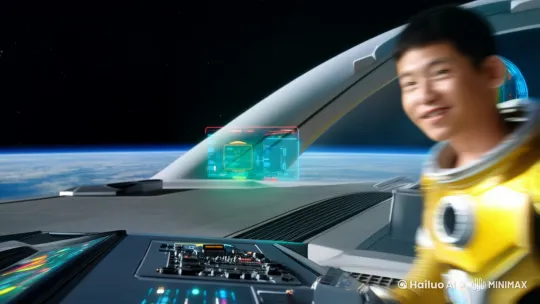 飞到太空驾驶电动车，射击外星飞船 by Hailuo AI Video Generator