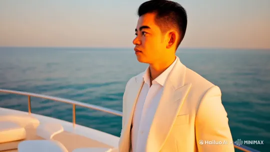 镜头真实动态捕捉,人物身穿月白色高档时尚休闲装,站在高端游艇甲板上,悠闲的看向大海远方,真实感,极致美感 by Hailuo AI Video Generator