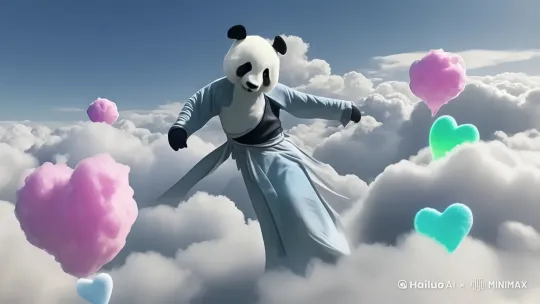 图中大熊猫跳舞，熊猫在云端轻快的晃动头部走路，摆动手臂，棉花糖般的彩色云朵飘动，镜头环绕熊猫，缓缓推近，逐渐拉近绕到熊猫脸部，科技浪漫而美丽，真实摄影，柔光拍摄，色彩柔和， by Hailuo AI Video Generator