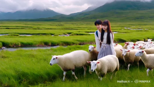 广阔的绿油油的草原，白云朵朵，溪流潺潺，一对少男少女牧羊，互诉衷肠，含情脉脉，远处的山峦叠嶂见证着她们的爱情，新海诚风格 by Hailuo AI Video Generator
