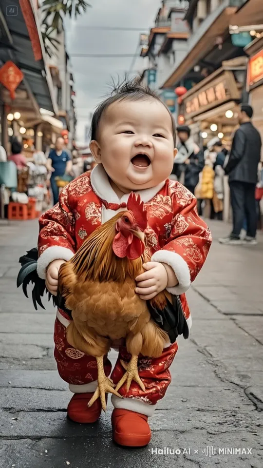 一个长得很好看胖嘟嘟的中国八个月，穿着和喜庆的服装、婴儿胖嘟嘟的抱着一只大公鸡走在大街上，宝宝特别开心、表情丰富、街上来来往往的行人和摆摊的摊贩，小孩很可爱，欢笑着、超广角镜头拍摄 by Hailuo AI Video Generator