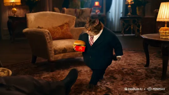 一个身穿西装带领带的胖猫手拿一个麦当劳汉堡，姿势婀娜地走向正在沙发上熟睡的牢大，牢大突然惊醒，并大喊了一声man by Hailuo AI Video Generator