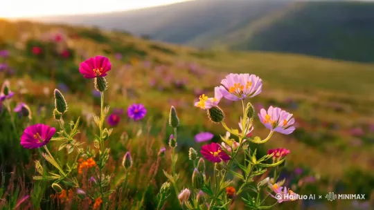主体:Vibrant wildflowers swaying gently in the wind.
运动:Delicate movements of petals and stems.
背景:Soft-focus rolling hills in the background.
镜头语言:Mid-shot with shallow depth of field.
光影:Soft golden hour lighting, warm tones.
氛围:Gentle and serene.
by Hailuo AI Video Generator