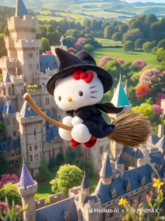 毛绒绒的HelloKitty在英国城堡，身穿黑色魔法衣服，骑着扫帚，飞在天上，飞行，草地，对着镜头，oc渲染，3D渲染, 自然光线，超现实主义空间，幻想，抽象，明亮的颜色，静物摄影， by Hailuo AI Video Generator