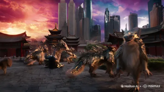 山海经妖兽在城市横行，天空很美，彩霞满天 by Hailuo AI Video Generator