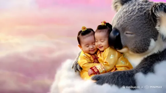 两个两岁的中国宝宝，身着传统服饰，面带天使般的微笑，恬静地相拥而眠。一只萌萌的考拉，用它那柔软的身躯，化作一个温暖的巢穴，轻柔地拥抱着他们。他们漂浮在轻盈的云朵上，背景是粉白色的梦幻天空。数字艺术风格，场景如梦似幻，光线柔和，氛围宁静。高分辨率的图像，展现出超清晰的细节和自然的外观，令人惊叹 by Hailuo AI Video Generator