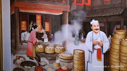 中国风古典插画,宋朝街市一角,一位中年男子站在热气腾腾的包子铺前,身着传统汉服,头戴瓜皮帽,留着整齐的小胡子,面带微笑,正用手势生动地向围拢的顾客讲述包子的悠久历史。铺内蒸笼层层叠放,热气缭绕,包子香气扑鼻。背景是宋代风格的木质建筑和忙碌的市井生活景象,行人穿梭,店铺林立。画面采用细腻的线条和淡雅的色彩,营造出浓厚的古典氛围,远景是宋代城市的一角,烟雾缭绕,宛如一幅生动的历史画卷。近景人物动态讲解,充满生活气息。 by Hailuo AI Video Generator