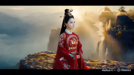 一位倾国倾城的少女（少女年满十八岁）穿着汉服（汉服上左右袖子上各有一只凤，背上是一个很精致的古代刺绣的太阳）站在一片仙气飘飘的断崖之处，眼中有着思念和希望，突然一束太阳光穿过雾气照在了这位女子身上，金光灿灿，十分好看 by Hailuo AI Video Generator