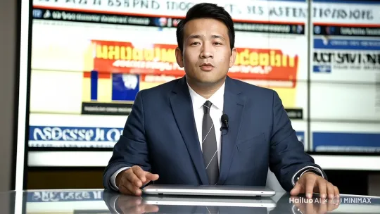 位穿着正式西装的中年男性坐在新闻直播间内，双眼专注地直视镜头，展现出专业与沉稳。他的双手平放于光洁的桌面上，桌面中央摆放着一台开启的笔记本电脑。直播间的背景是一面大型LED屏幕，显示着新闻头条。室内的灯光均匀柔和，营造出严肃而专业的氛围。中景正面构图，注重细节与光影处理。 by Hailuo AI Video Generator