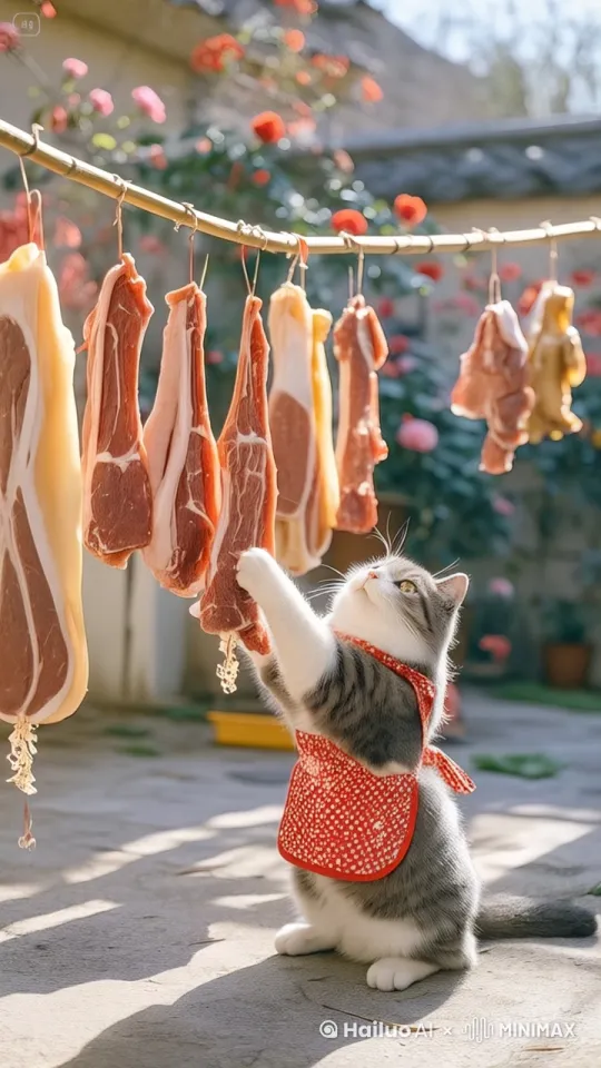 猫咪晾猪肉 by Hailuo AI Video Generator