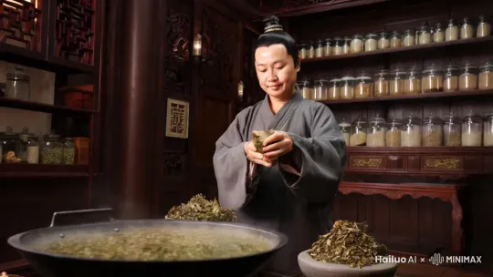一位慈祥的中医，正在煎煮一锅草药 by Hailuo AI Video Generator