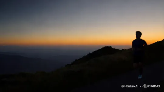 一个普通的青年每天清晨起跑，画面从黑夜逐渐过渡到黎明，日升时镜头拉远，展现他的奔跑轨迹最终延伸到一座高山之巅。 by Hailuo AI Video Generator