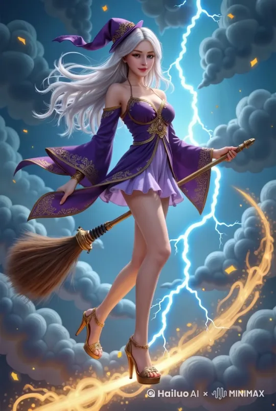 女巫骑着魔法扫帚顺着金光飞去 by Hailuo AI Video Generator