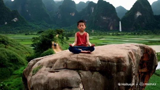 一个少年在山上悬崖的一块大石头上打坐.悬崖下面的小土路上有一个小孩坐在牛背上吹着长笛慢慢走着，水稻田里一个老农民戴着斗笠正在用牛耕地。远处的山墨绿墨绿的，一条瀑布倾泻而下，下面是一汪静静的潭水。 by Hailuo AI Video Generator