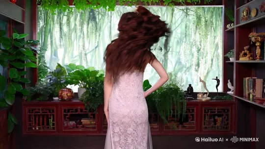 正面全身 中式美女写真长腿微卷 蕾丝紧身睡衣 侧身扭腰转正 房间内课桌旁 窗户前窗上植物 扭腰侧身 妩媚 山林建筑风格 植物茂盛 自然清新 室内架子摆件 书 by Hailuo AI Video Generator