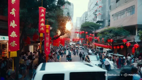 慢镜头拉伸，一片热闹的景象，车水马龙，处处都是年味，有人放鞭炮，挂灯笼，贴春联，然后镜头对准一对舞狮 by Hailuo AI Video Generator