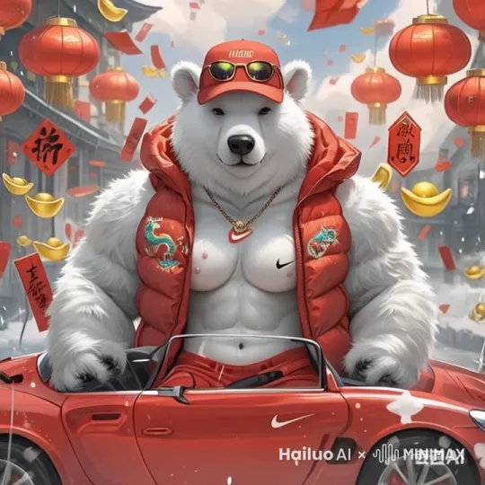 天突然下起了红包雨 ，金币雨，金元宝雨，大白熊兽人看到此时情景非常兴奋的脱掉羽绒马甲秀肌肉。表情可爱。动作流畅连贯自然。特效渲染 by Hailuo AI Video Generator