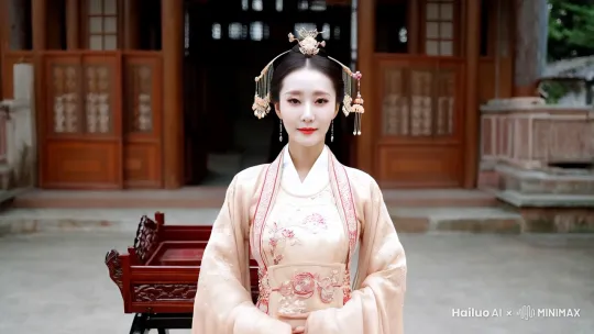 汉服，古装妇人，姿态端庄，面容白皙，眼眸有神，嘴唇很薄。站立在一幢古宅大门前，门前有一顶小轿。 by Hailuo AI Video Generator