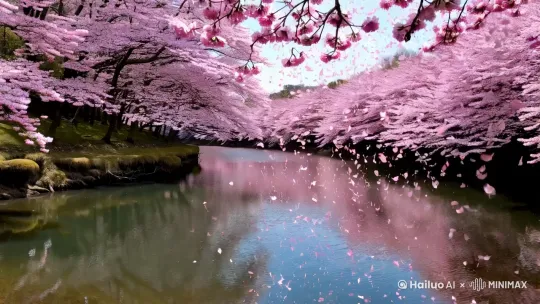 樱花飘落，河水清澈，电影级运镜。 by Hailuo AI Video Generator