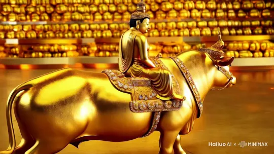 金色佛祖骑着一只金黄色、非常霸气的大牛，身上背着大量金元宝缓缓向你走来，背景是金色的，牛气冲天 by Hailuo AI Video Generator