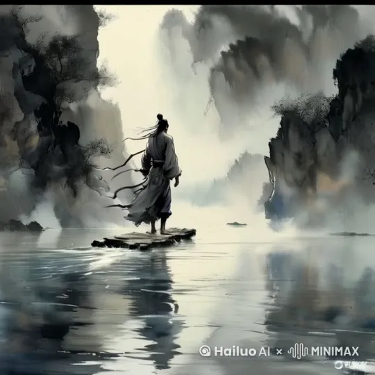 水墨风格，背剑的侠客踏着一块竹筏，飘逸在水面前进，目视前方，两秒钟后，腾空而起舞剑，随后落回竹筏，背景水墨山水，光线明晰，画中淡淡的烟雾缭绕。镜头先平行跟进，然后切换成无人机头顶模式 by Hailuo AI Video Generator