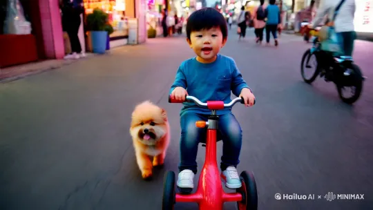 一个五岁的小男孩，在繁华的商业街，骑着儿童三轮车，后面跟着一只可爱的小狗在奔跑，并在唱《两只老虎》。 by Hailuo AI Video Generator
